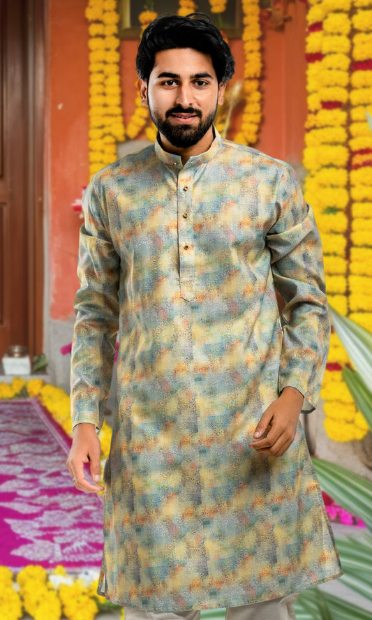 LEMON YELLOW KURTA WITH PRINTED ETHNIC MOTIFS