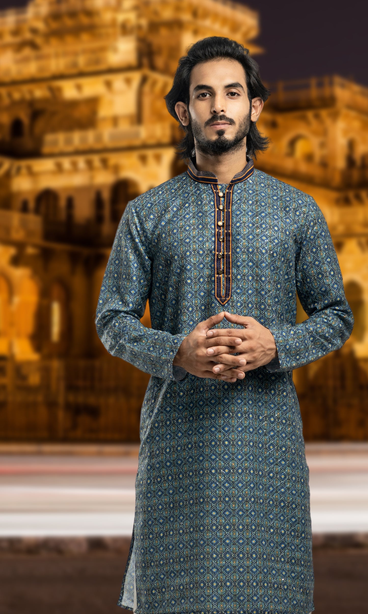 NAVY BLUE HARLEQUIN PRINT SEQUINED THREADWORK KURTA