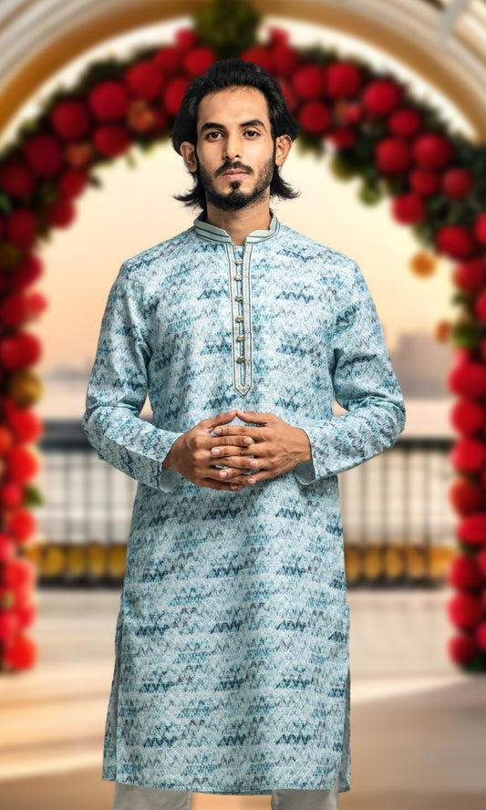 ICE BLUE IKKAT INSPIRED PRINT SEQUINED THREADWORK KURTA