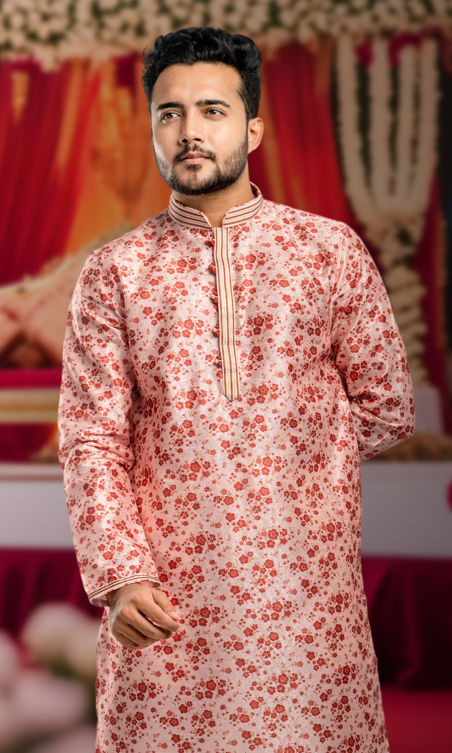 CORAL PEACH FLORAL PRINT SELF WEAVED JAQUARD KURTA