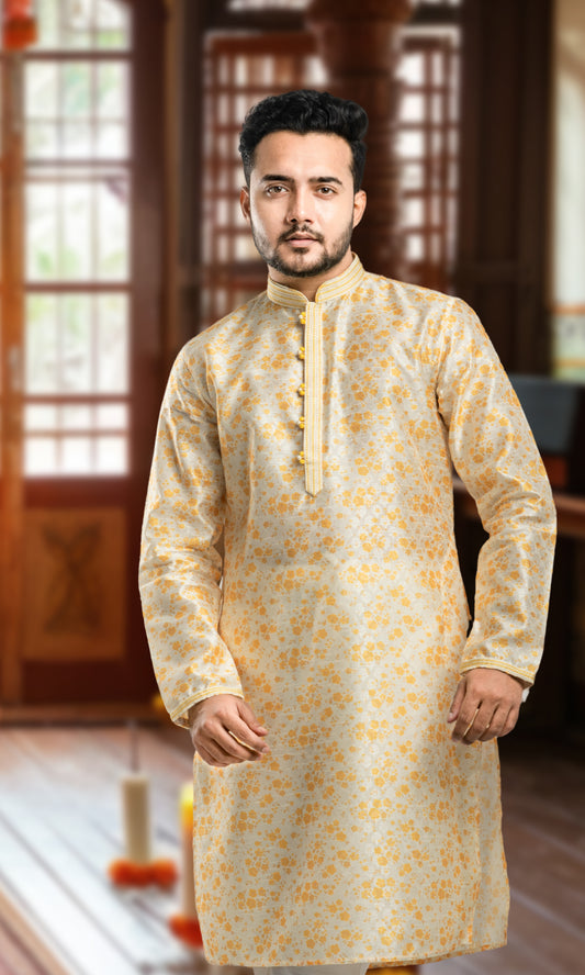 HALDI YELLOW FLORAL PRINT SELF WEAVED JAQUARD KURTA