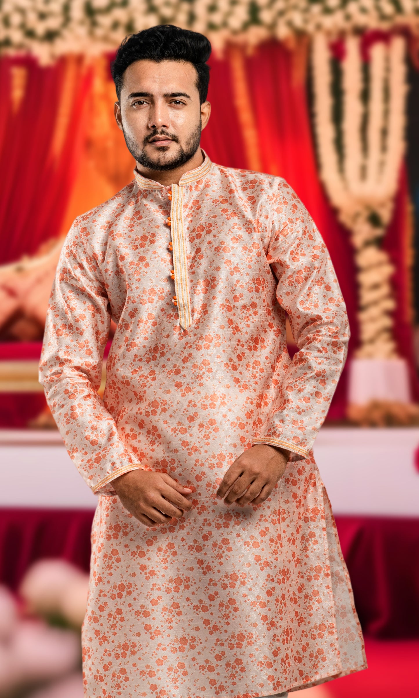 PEACH AMBER FLORAL PRINT SELF WEAVED JAQUARD KURTA