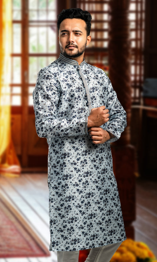 CONTRETE GREY FLORAL PRINT SELF WEAVED JAQUARD KURTA