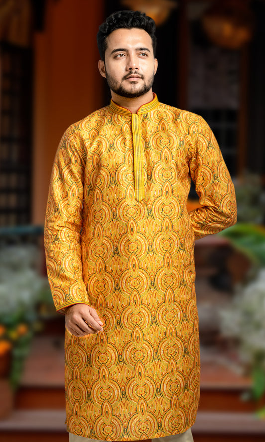 YELLOW WITH MULTI COLOURED DOTTED ETHNIC MOTIFS PRINT KURTA WITH SEQIUNED THREADWORK