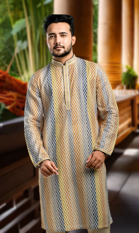 MULTI COLOURED HARLEQUIN PRINT KURTA WITH SEQUINED THREADWORK