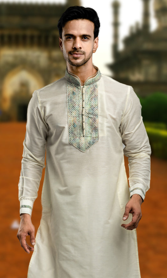 IVORY THREADWORK KURTA WITH POTLI BUTTONS & PRINTED CUFF SLEEVES