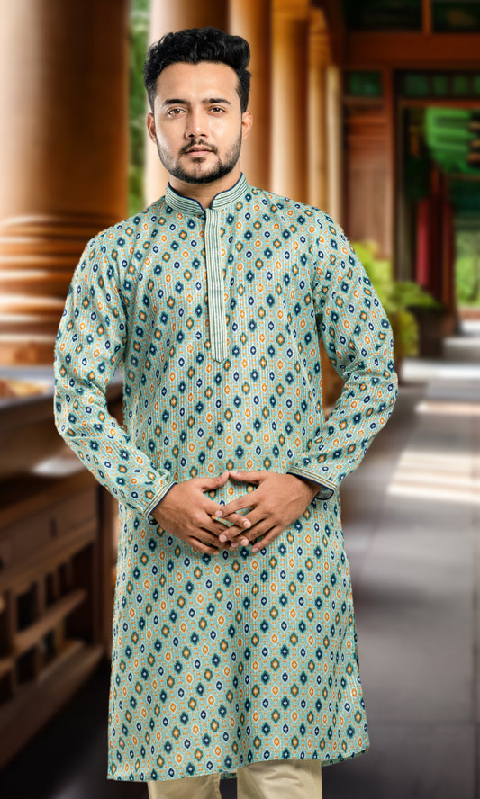 AQUA BLUE IKKAT PRINT KURTA WITH SEQUINED THREAD WORK