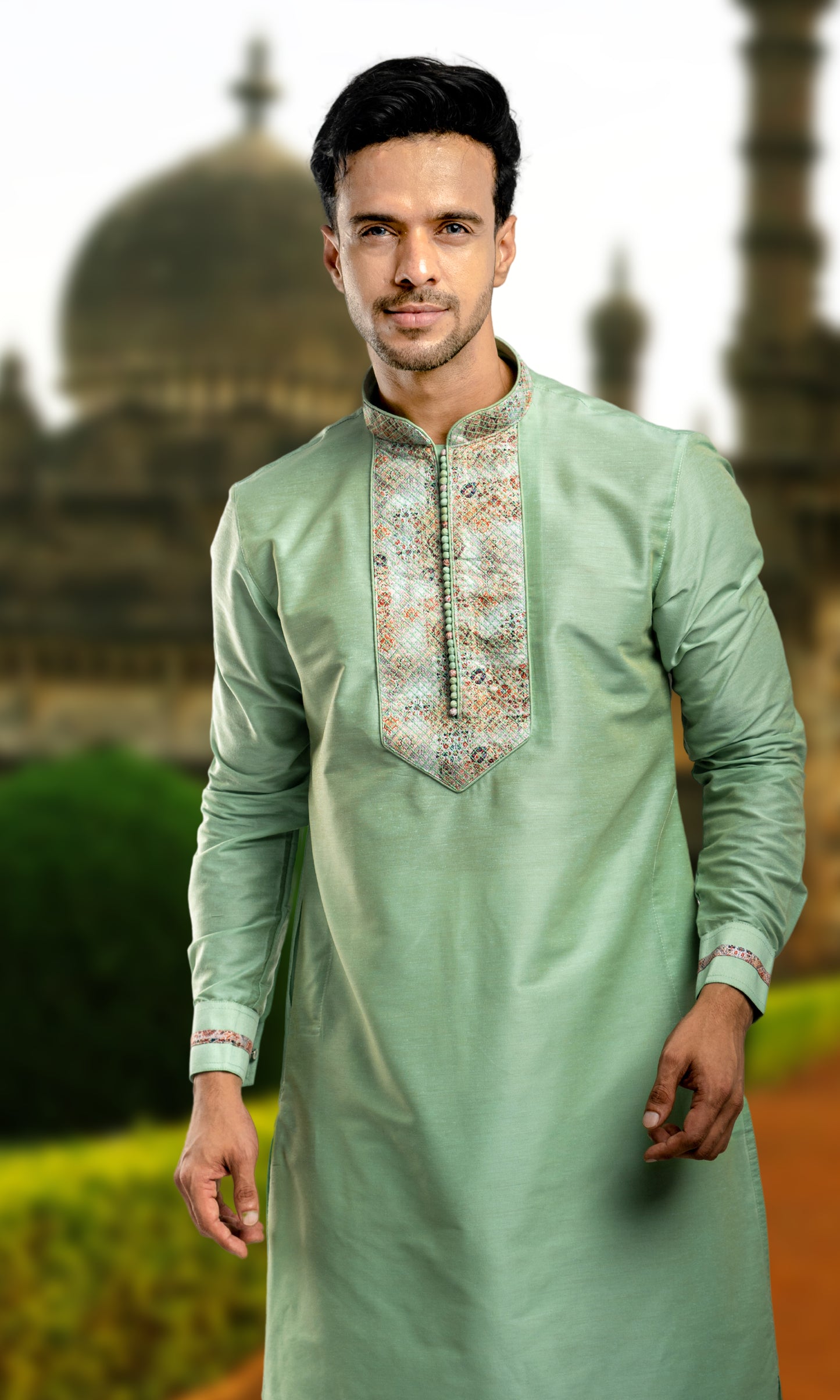 PISTA THREADWORK KURTA WITH POTLI BUTTONS & PRINTED CUFF SLEEVES