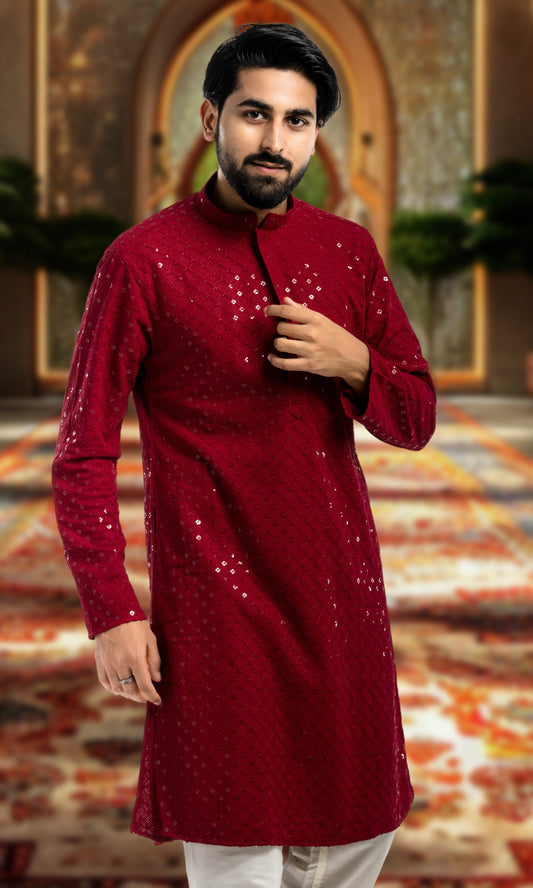 MAROON SEQUIN EMBELLISHED CHIKANKARI KURTA