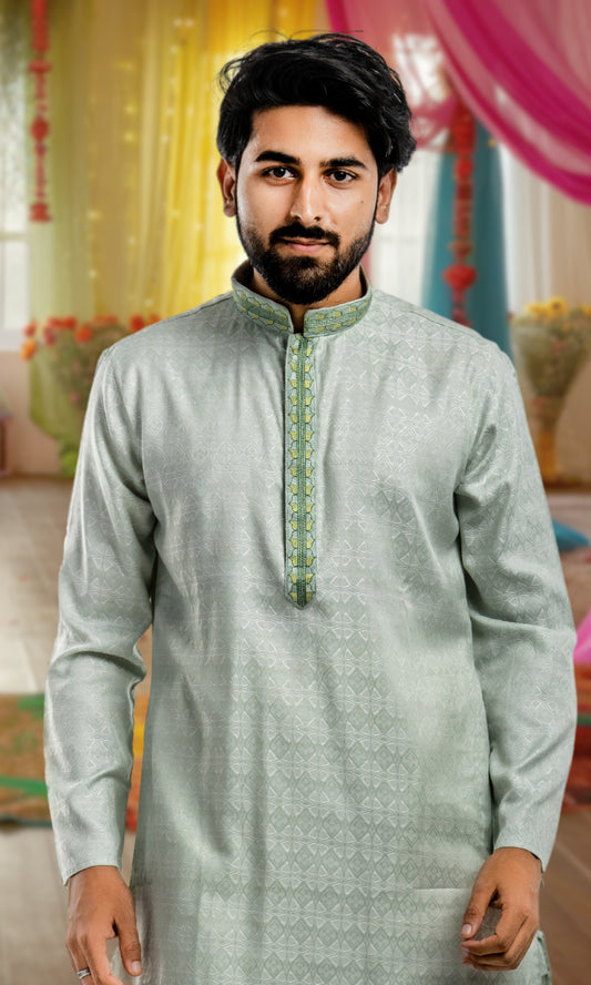 PISTA SELF WEAVED GEOMETRIC PATTERN  KURTA