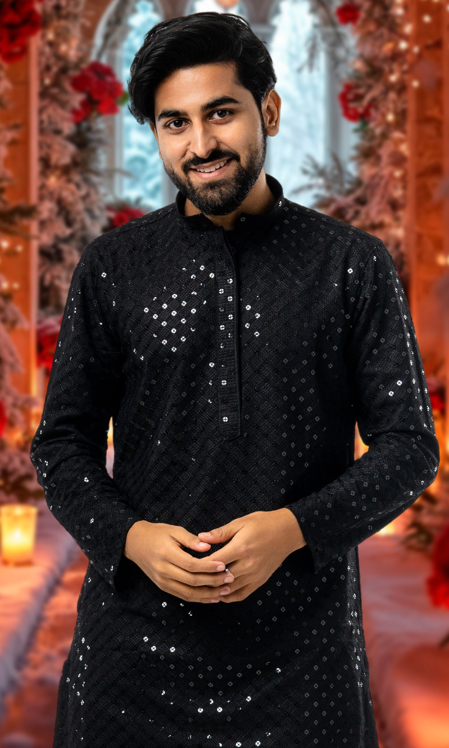 BLACK SEQUIN EMBELLISHED CHIKANKARI KURTA