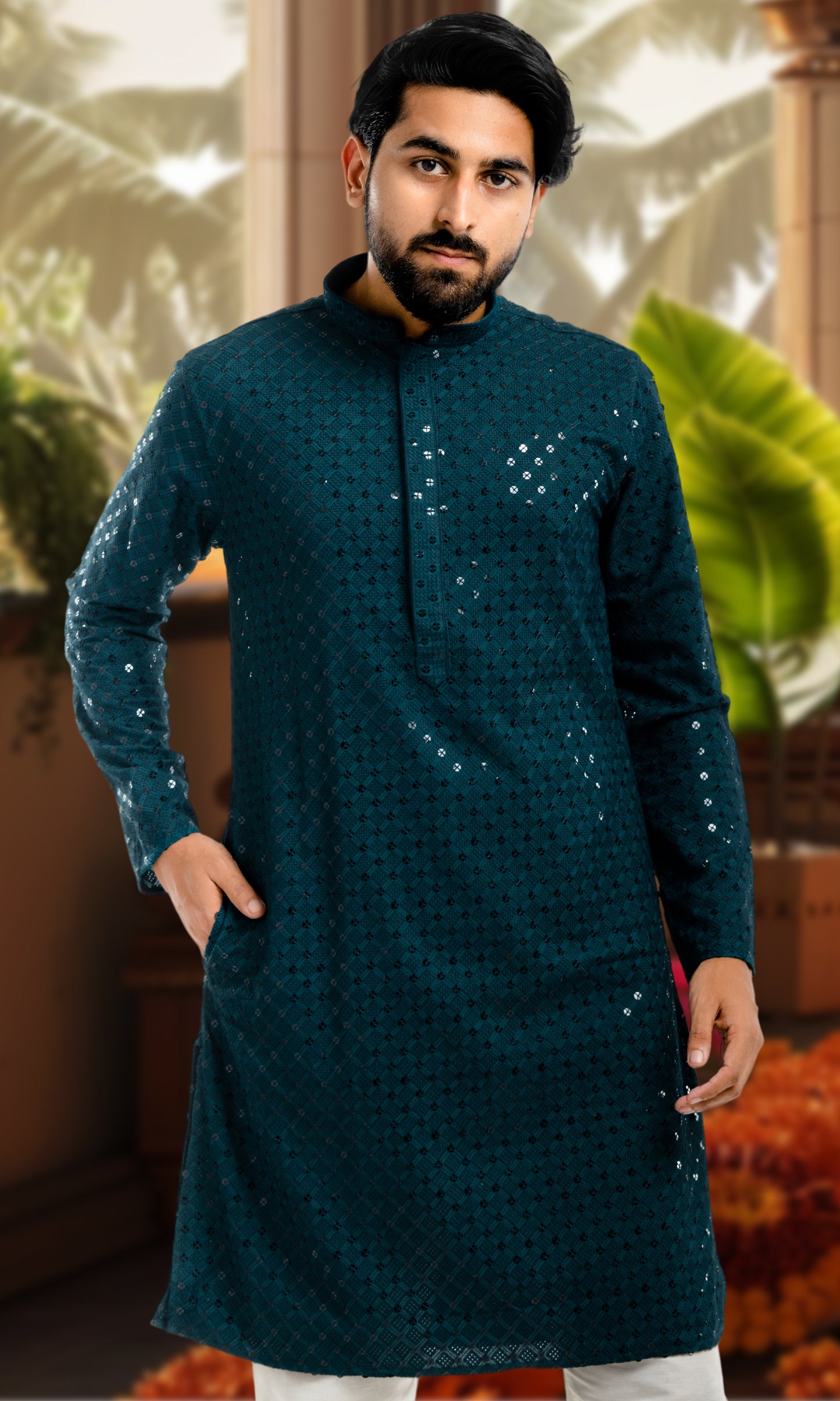 TEAL BLUE SEQUIN EMBELLISHED CHIKANKARI KURTA