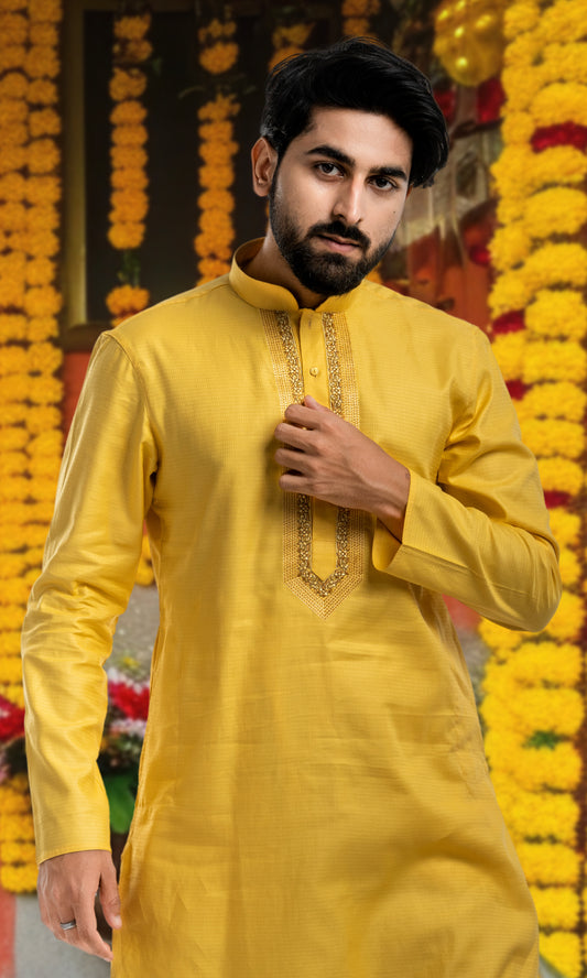 YELLOW SELF WEAVED KURTA WITH EMBROIDERED NECKLINE