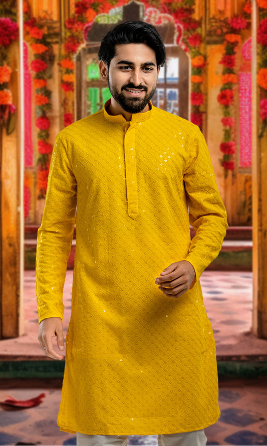 YELLOW SEQUIN EMBELLISHED CHIKANKARI KURTA