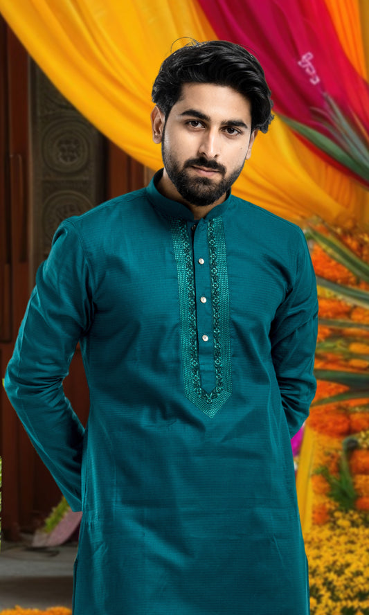 RAMA GREEN SELF WEAVED KURTA WITH EMBROIDERED NECKLINE