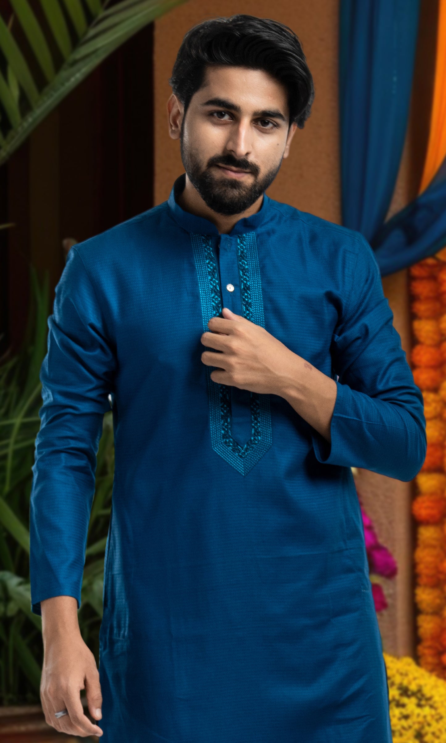 NAVY BLUE SELF WEAVED KURTAS WITH EMBROIDERED NECKLINE