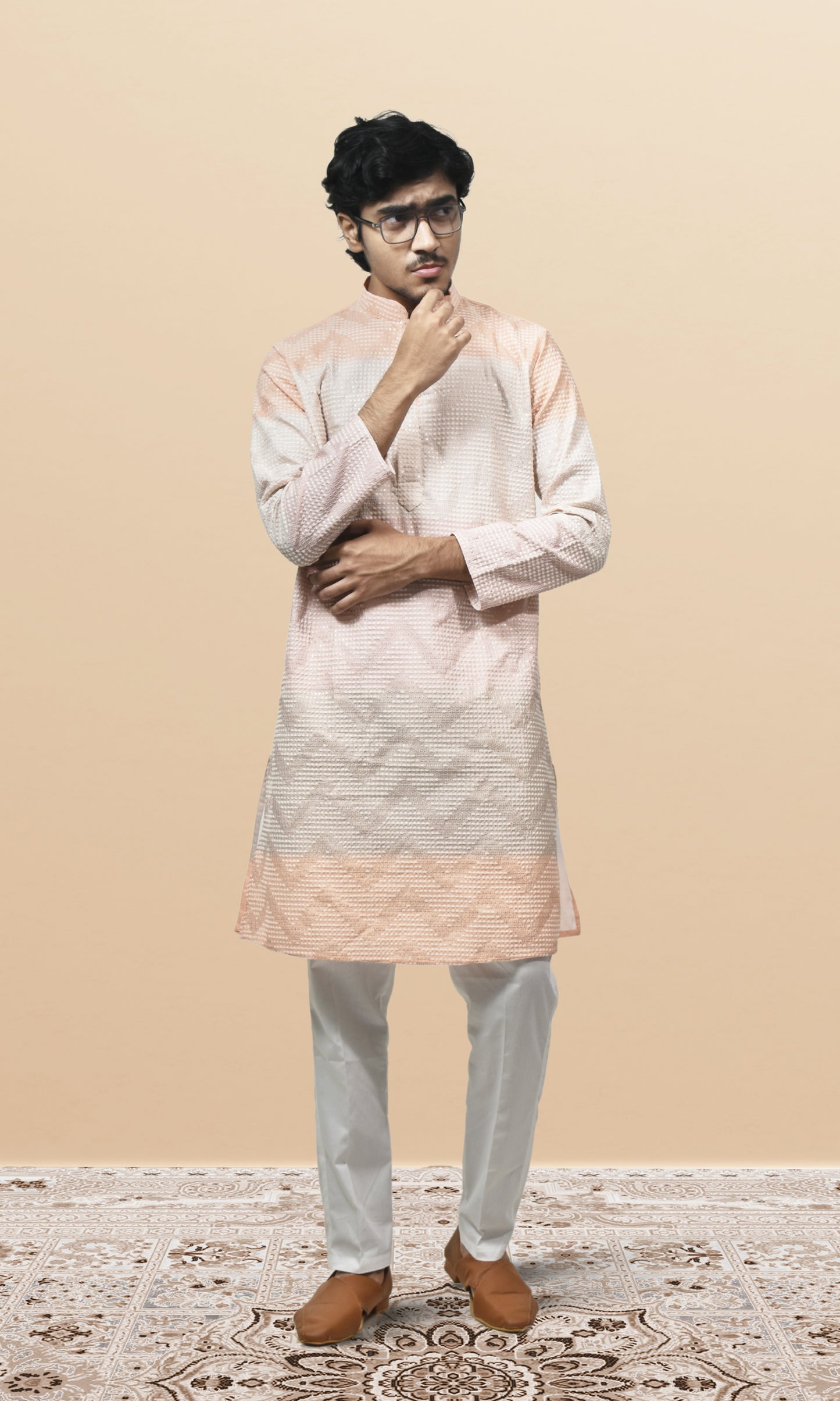 Blush & Ivory Ombre Kurta with Subtle Chevron Weaves & Sequin Embellished