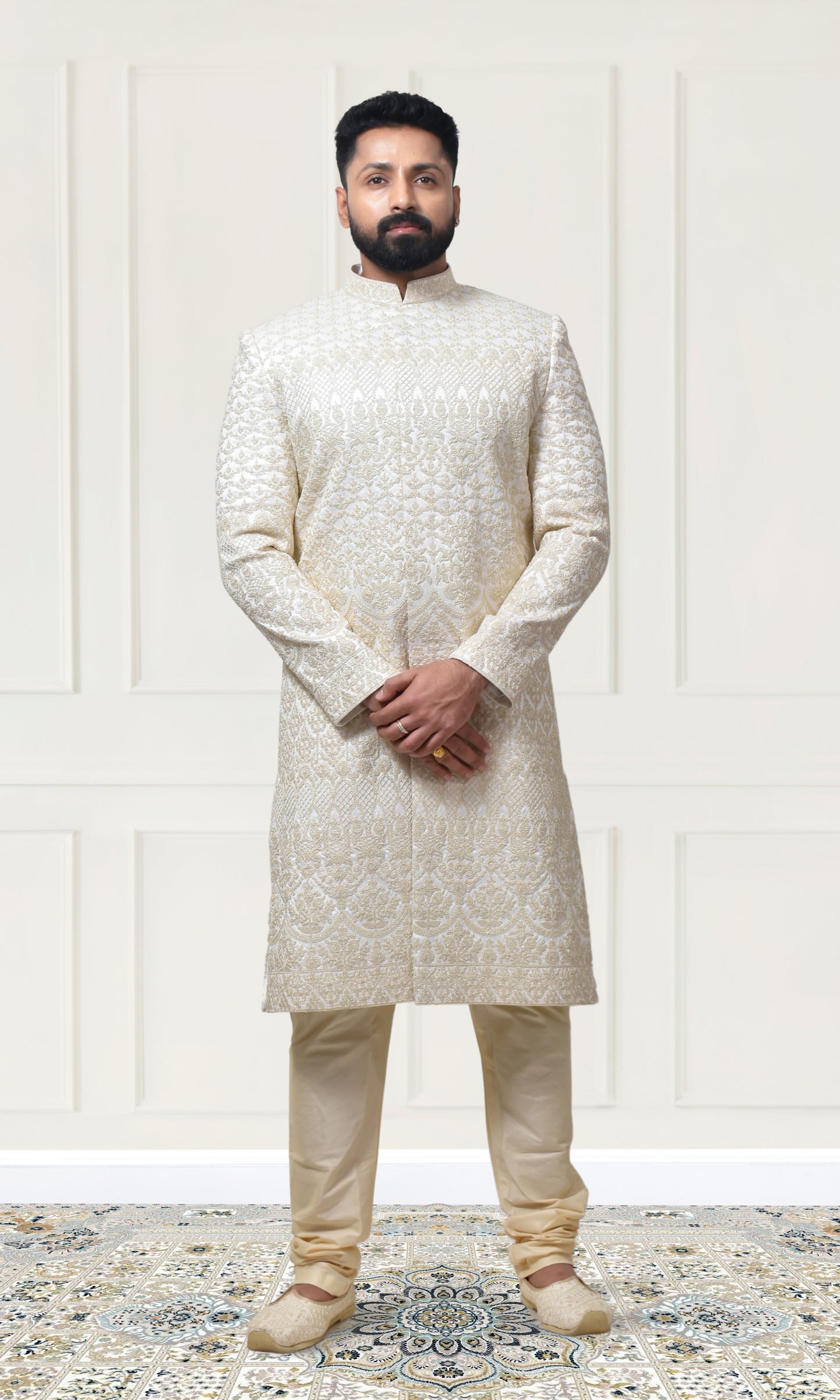 Majestic Ivory Gold Sherwani with Intricate Resham Threadwork & Ornate Weaving